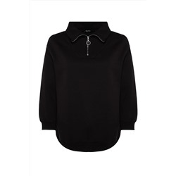 Siyah Kalın İçi Polarlı Fermuarlı Örme Sweatshirt TBBAW24AO00017