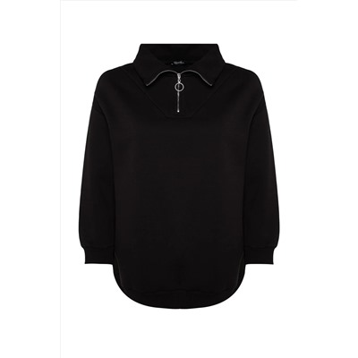Siyah Kalın İçi Polarlı Fermuarlı Örme Sweatshirt TBBAW24AO00017