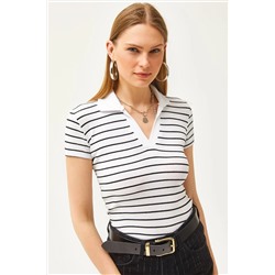 Olalook, Kadın Çizgili Beyaz Polo Yaka Örme Bluz BLZ-19002563