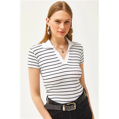 Olalook, Kadın Çizgili Beyaz Polo Yaka Örme Bluz BLZ-19002563