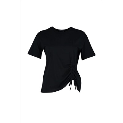 Siyah Bisiklet Yaka Büzgü Detaylı %100 Pamuk Örme T-Shirt TBBSS22TS2293