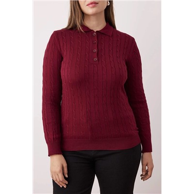 Koyu Vişne Polo Yaka Saç Örgülü İnce Triko Bluz TBBAW26AF00005