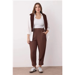Kahverengi Havuç Fit Beli Lastikli Örme Büyük Beden Pantolon TBBSS23AR00002