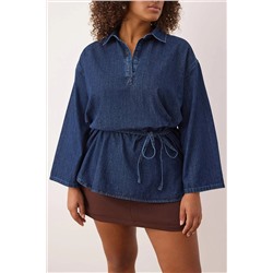Koyu Mavi Oversize/Bol Kesim Denim Büyük Beden Gömlek TBBAW26AX00003