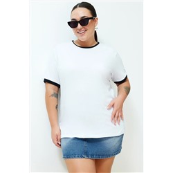 Beyaz Renk Blok Detaylı Boyfriend %100 Pamuk Örme T-shirt TBBSS24BF00012