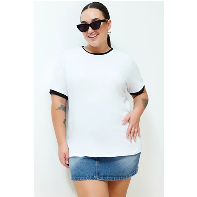 Beyaz Renk Blok Detaylı Boyfriend %100 Pamuk Örme T-shirt TBBSS24BF00012