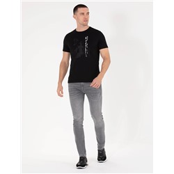 Siyah Slim Fit Baskılı Bisiklet Yaka Tişört