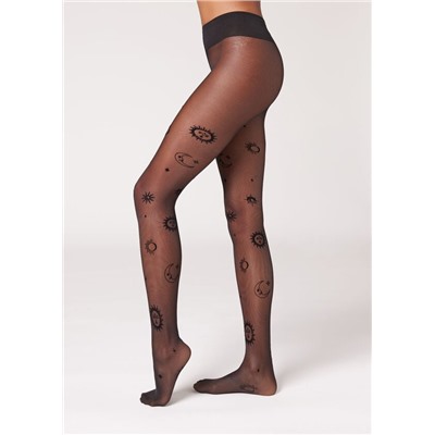 Transparente Strumpfhose 30 Denier mit „Mond und Sonne“-Flockprint
