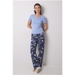 Pijama largo 100% algodón canalé azul flores