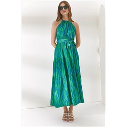 Olalook, Kadın Zebra Yeşil Halter Yaka Kuşaklı Dokuma Viscon Elbise ELB-19001548