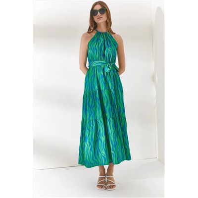 Olalook, Kadın Zebra Yeşil Halter Yaka Kuşaklı Dokuma Viscon Elbise ELB-19001548