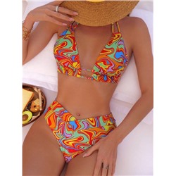 Allover Print Halter Triangle Bikini Swimsuit