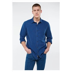 Mavi Keten Karışımlı Çizgili Indigo Gömlek Regular Fit / Normal Kesim 0210659-18790
