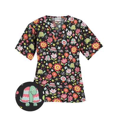 UA Slowpoke Black V-Neck Print Scrub Top