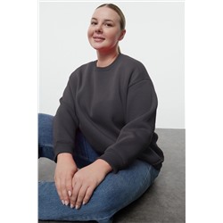 Antrasit Oversize/Bol Kesim Basic Bisiklet Yaka Kalın/İçi polarlı Örme Sweatshirt TBBAW25AO00008