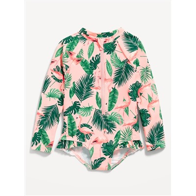 Matching Ruffle-Trim One-Piece Rashguard Swimsuit for Toddler Girls