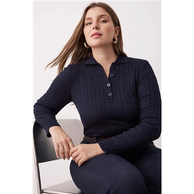 Lacivert Polo Yaka Saç Örgülü İnce Triko Bluz TBBAW26AF00005