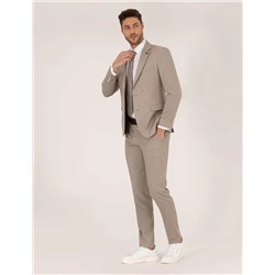 Bej Çizgili Ekstra Slim Fit Yün Takım Elbise