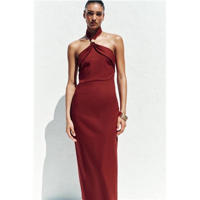 LINEN BLEND HALTER MIDI DRESS