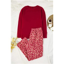 Kırmızı Leopar Desenli Polar Kışlık Örme Pijama Takımı TBBAW26AI00018