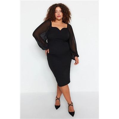 Trendyol Curve Siyah Düz Bodycone Mini Dokuma Büyük Beden Elbise TBBAW24AH00089