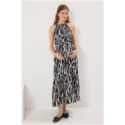 Siyah Halter Yaka Animal Desenli Midi Dokuma Büyük Beden Elbise TBBSS25AH00019