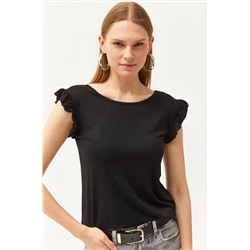 Olalook, Kadın Siyah Kolu Fırfırlı Sırtı Bağlamalı Örme Viskon Bluz BLZ-19002555