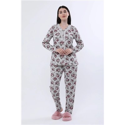 ANGELİNA Kadın Gri Kışlık Pamuk Ribana Kalın Uzunkollu Dantel Yakalı Pijama Takımı 462-3 46246221