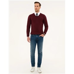 Bordo Slim Fit V Yaka Basic Triko Kazak