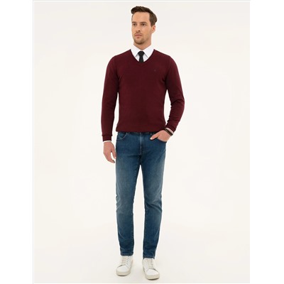 Bordo Slim Fit V Yaka Basic Triko Kazak
