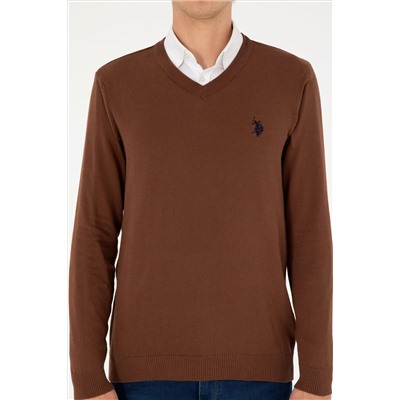 Erkek Slim Fit V Yaka Kahverengi Basic Kazak
