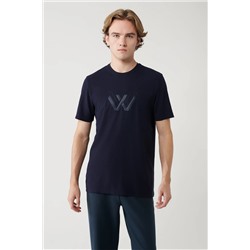 Avva, Erkek Lacivert Bisiklet Yaka Baskılı Soft Touch T-shirt A41y1037