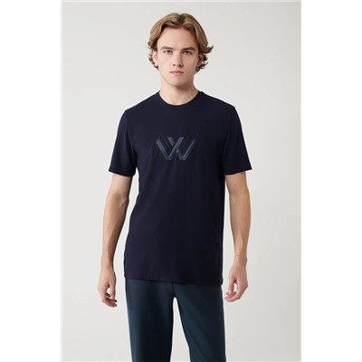 Avva, Erkek Lacivert Bisiklet Yaka Baskılı Soft Touch T-shirt A41y1037