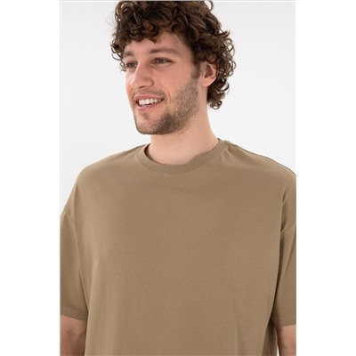 Erkek Oversize Fit Bisiklet Yaka Haki Tişört