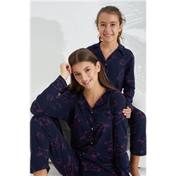 Siyah İnci lacivert kedi desenli Pamuklu Düğmeli Pijama Takımı 7691