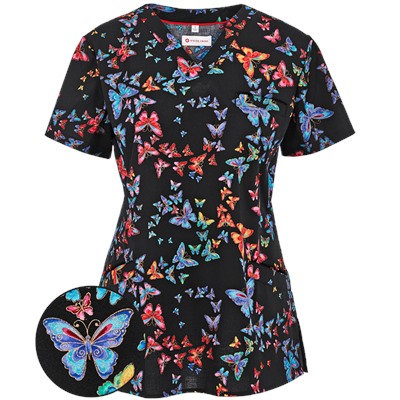 White Cross Scrubs Ola Borboleta Print Top