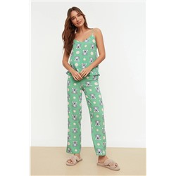 TRENDYOLMİLLA eşil Koala Desenli Fırfırlı Atlet-Pantolon Dokuma Pijama Takımı THMSS21PT0475