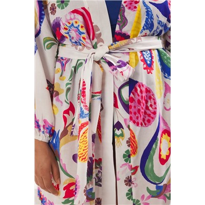 Çok Renkli Çiçek Desenli Kuşaklı Mini Dokuma Balon Kollu %100 Pamuklu Kimono&Kaftan TBBSS25DE00001