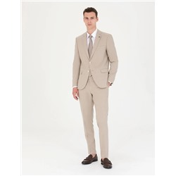 Bej Ekstra Slim Fit Çizgili Takım Elbise