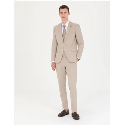 Bej Ekstra Slim Fit Çizgili Takım Elbise