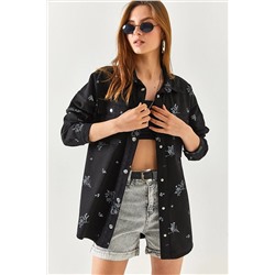 Olalook Kadın Siyah Nakışlı Cepli Oversize Pamuk Gömlek Ceket CKT-19000347