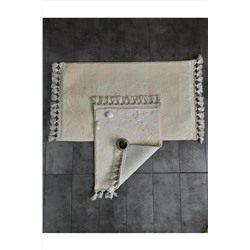 Saroni Elite Krem Ponpon Saçaklı Peluş 2'li Banyo Paspası Halısı Kaymaz Taban Klozet Takımı Püsküllü SRN-ELİTE-PNPSÇKBP-2Lİ