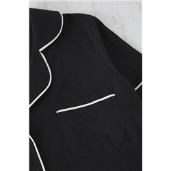 Siyah Biye Detaylı Gömlek Yaka Örme Pijama Takımı TBBAW24AI00040