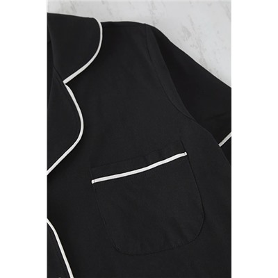 Siyah Biye Detaylı Gömlek Yaka Örme Pijama Takımı TBBAW24AI00040