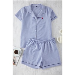 Trendyol Curve Lacivert Çizgili Kalp Nakışlı Gömlek Yaka Dokulu Dokuma Pijama Takımı TBBSS25AI00079