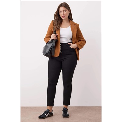 Siyah Yüksek Bel Önü Düğmeli Solmayan Siyah Büyük Beden Skinny Jeans TBBAW26CJ00042