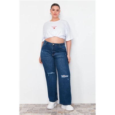 Koyu Mavi Yüksek Bel Destroylu Geniş Paça Büyük Beden Wide Leg Jeans TBBSS22JE00006