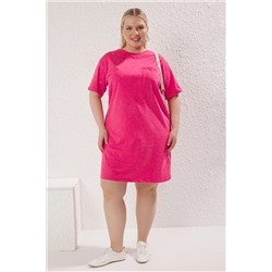 Pembe Bisiklet Yaka Yıkamalı Örme Büyük Beden T-shirt Elbise TBBSS25AH00007
