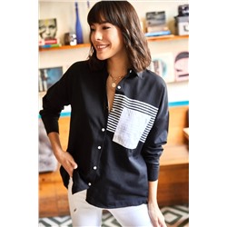 Olalook, Kadın Siyah Cep Detaylı Oversize Dokuma Gömlek GML-19000978