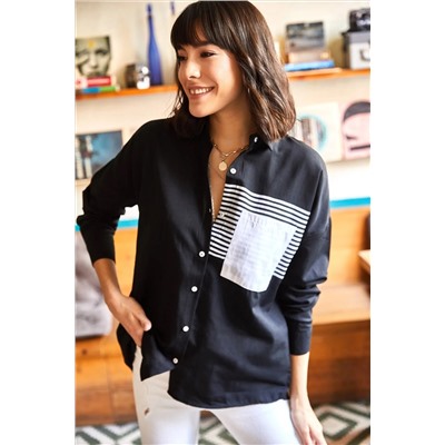 Olalook, Kadın Siyah Cep Detaylı Oversize Dokuma Gömlek GML-19000978